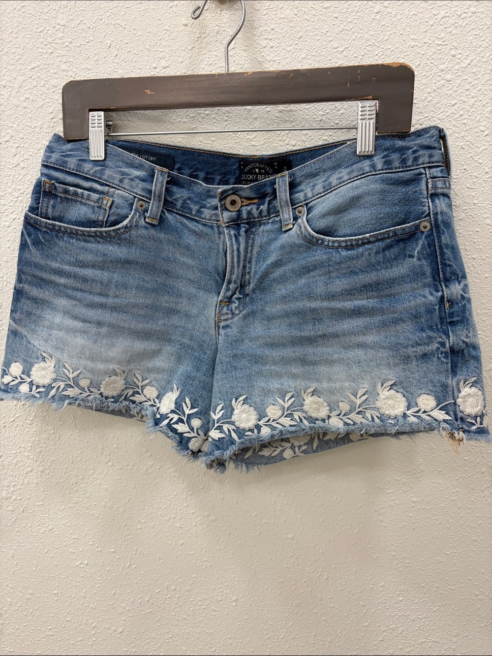 Lucky Brand Light Blue Denim Shorts with White Floral Embroidery